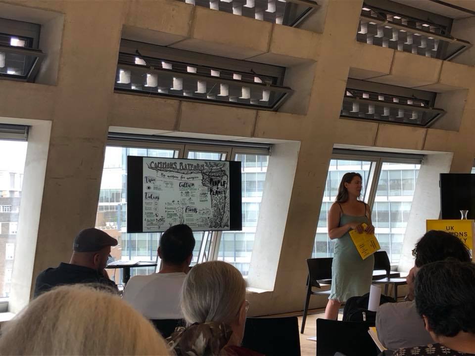 Sophie Varlow presenting the Commons Platform at the UK Commons Assembly, July 2018